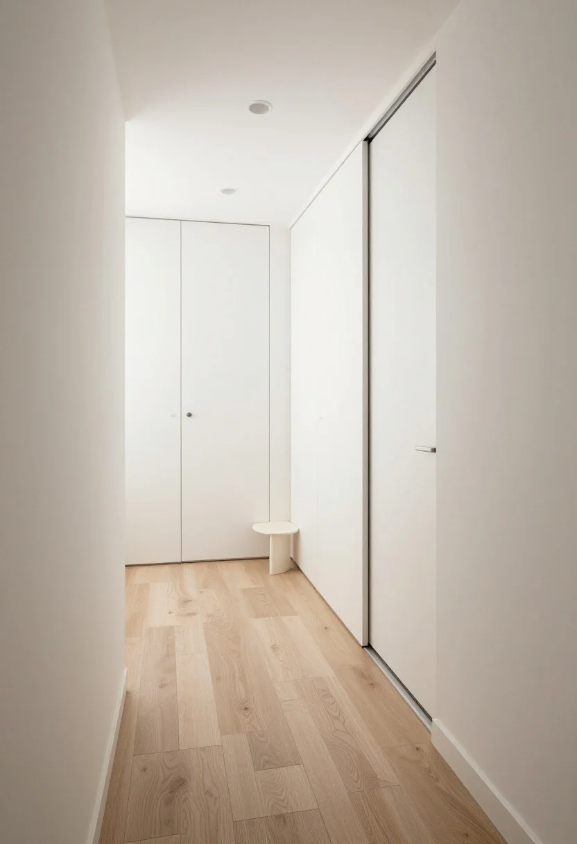 Overhead floor plan–style angle: A small bedroom showing a clear 24–30 inch pathway from door to bed to closet. Sliding closet doors replace swing doors; a rounded-corner nightstand softens the route. Edges are unobtrusive, circulation lines obvious, and the toe-stubbing hazards eliminated. Clean, minimal palette, bright ambient light, and smooth traffic flow.