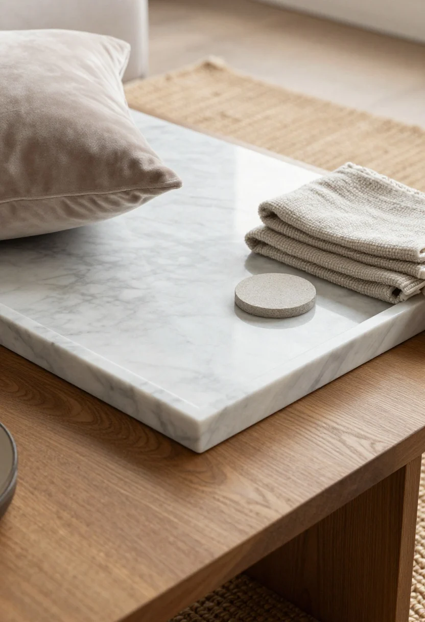 Photorealistic closeup detail shot of layered textures on a compact coffee table vignette: a marble-look tray set on a warm wooden surface holding a small velvet accent pillow corner peeking in, stone coasters, and a folded bouclé throw; in the background a flatweave jute rug softly out of focus; materials read matte and softly lustrous (no harsh shine), emphasizing nubby, smooth, and silky contrasts; gentle diffused window light highlighting fiber texture and edges