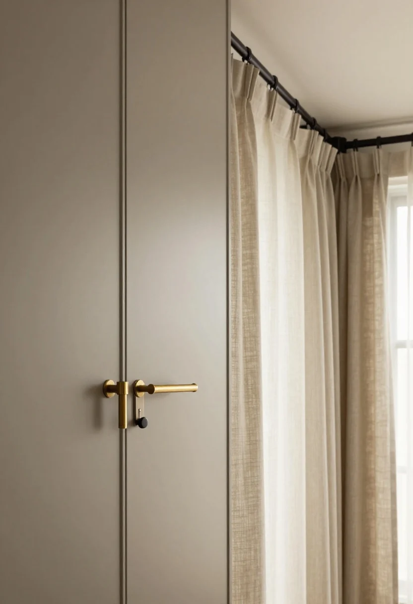 Photorealistic closeup of tactile upgrades people touch: a cabinet door with solid brass bar pull aligned with a nearby matte black faucet or lamp for cohesion, sleek screwless light switch plate on a painted wall, and a glimpse of linen-look curtain panel hung high from a rod mounted near the ceiling and extending wider than the window; include a hint of a heavyweight fabric shower curtain texture folded on a nearby hook; warm 2700K LED lighting with high color fidelity that flatters finishes; crisp, detailed focus on materials