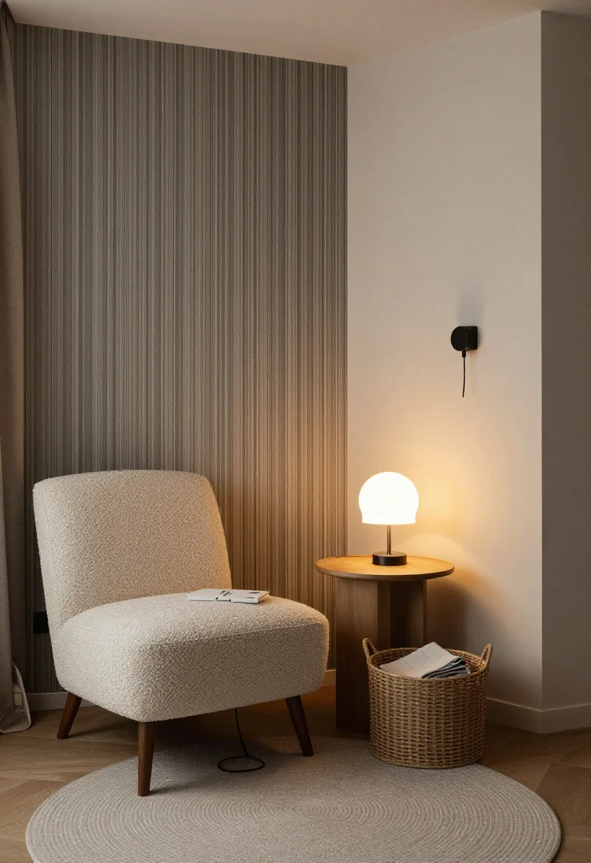 Photorealistic corner composition, three-quarter view medium shot of an awkward apartment corner transformed into a micro-zone: choose a reading nook—petite accent chair in textured boucle, round side table with a small lamp casting warm light, a plug-in wall sconce above for task lighting, a floor basket with folded throws; visually anchor with a small round rug, and a slim vertical wallpaper panel adding depth; cables neatly managed, cozy yet intentional, no people
