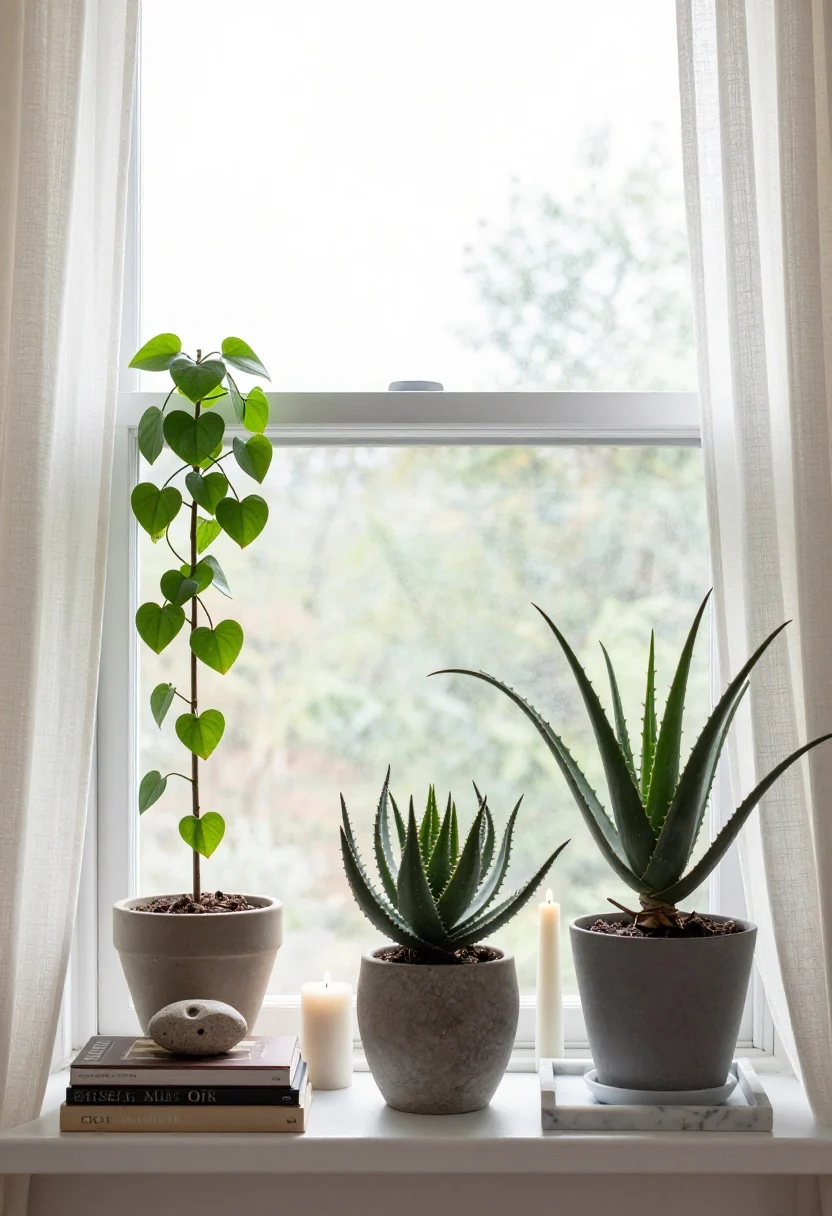 Photorealistic detail shot of a bright windowsill, straight-on closeup: the “plant trio rule” arranged by height—one trailing string of hearts cascading, one upright ZZ plant, one sculptural aloe—set in mixed-height planters; a low marble tray with mixed-height pillar candles nearby (unlit), two art books stacked with a small stone sculpture on top; sheer curtains hung higher and wider than the window softly filtering natural daylight; optional frosted film on the lower pane for privacy; textures of leaves, marble, and sheer fabric crisp, no people