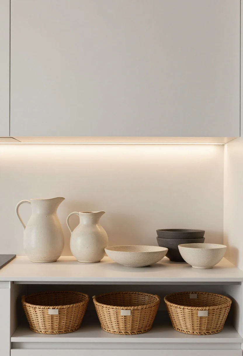 Photorealistic kitchen vignette, upward-angled medium shot focusing on the above-the-cabinet gap: uniform woven baskets in identical sizes neatly lined for storage with minimal label tags, a calm ceramic vignette of large-scale pitchers and sculptural bowls in a tight neutral palette (cream, stone, charcoal) clustered together, and a discreet warm LED strip tucked behind them creating a soft nighttime glow; emphasize bigger scale items, clean ceiling line, subtle dust-free surfaces, no people