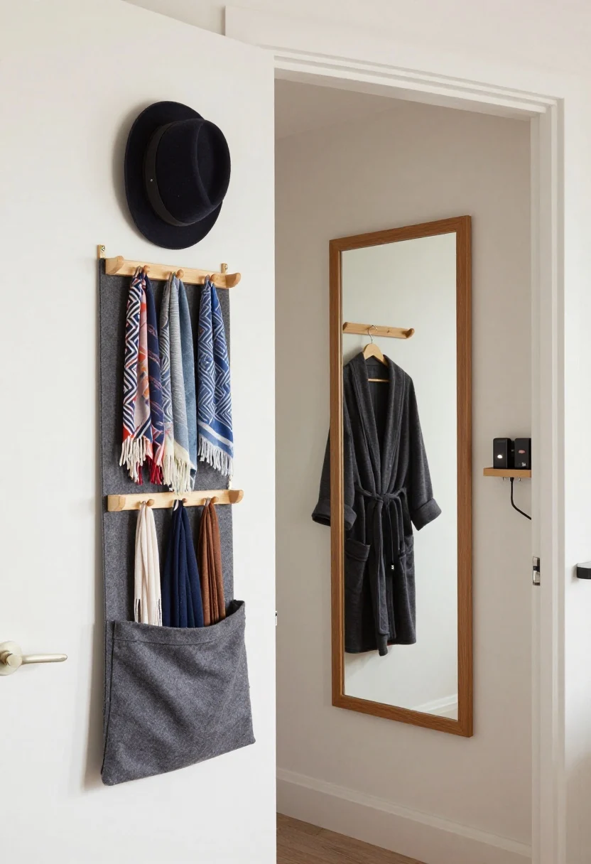 Photorealistic medium shot behind a bedroom door, angled from the hinge side to show hidden storage: a slim felt-padded over-door rack holding neatly arranged scarves and a hat, a shallow wooden peg rail mounted on the wall for a robe and tote, a framed full-length mirror with a simple wood frame mounted behind the door, and in an adjacent entry-closet variant, a narrow wall shelf with a cable pass-through hiding a compact charging caddy with power banks; ensure door swing clearance, sleek and organized, soft ambient light, no people