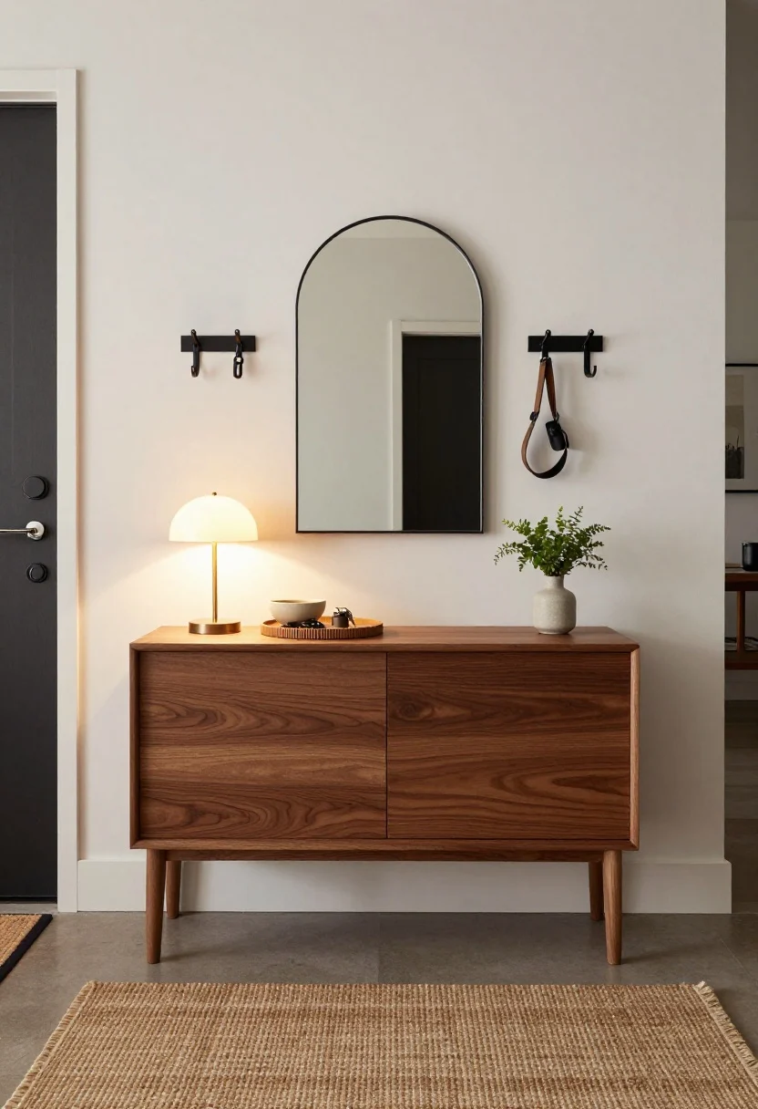 Photorealistic medium shot of a modern apartment entryway, straight-on view: a slim 10–12 inch deep walnut console with a ribbed tray holding keys and a small ceramic bowl, double-height black metal wall hooks (bags up high, jackets below) plus a short rail with S-hooks for a dog leash and umbrella, an oversized arched mirror bouncing light, and a flatweave indoor/outdoor patterned rug in earthy tones at the door; add a petite table lamp on the console casting a warm 2700K glow, a small vase with fresh greens, scuff-hiding patterned mat texture visible, no people