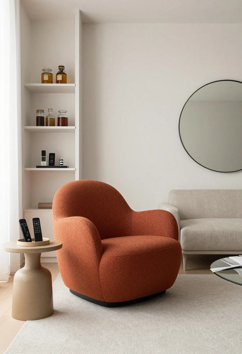 Photorealistic medium shot of a small living room vignette styled like a curator: one hero sculptural lounge chair in a bold color/artful silhouette set as the focal point, supported by three lighter pieces (a slim round side table, a thin-framed round mirror, and a neutral linen ottoman). Cohesive rounded shapes with varied sizes, clear negative space on surfaces and around furniture. Visual noise tamed: remotes corralled in a tray, pantry decanters on an open shelf in the background, phone chargers tucked into a discreet cable box. Soft natural daylight, calm palette with airy spacing, straight-on perspective.