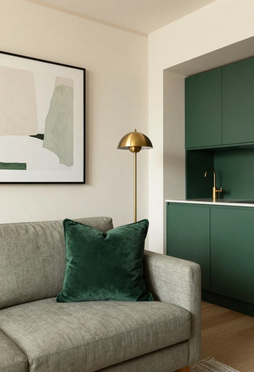 Photorealistic medium shot of a tiny studio living area styled with a high-low palette: warm ivory eggshell walls with matching soft taupe satin trim, a greige linen sofa with a single forest green velvet pillow, an abstract print featuring forest green accents in a slim blackened steel frame, and a narrow kitchen runner in deep green connecting the zones; include one metallic only—brushed brass table lamp—while other metals stay minimal; subtle sheen contrast visible between wall and trim; cohesive repetition of the green accent in three places; soft afternoon natural light, no people, clean and curated