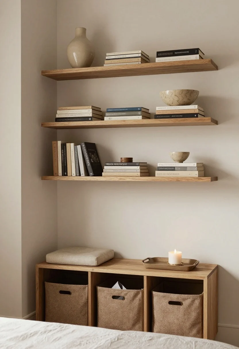 Photorealistic medium shot of styled storage as decor along a small apartment wall: floating shelves on top showcasing curated groupings (three-item sets: a tall ceramic vase, a horizontal stack of books, and a sculptural bowl), with a closed-door cabinet below hiding clutter; include a storage ottoman bench nearby topped with a tray and candle, and the hint of fabric-front rolling bins under a low bed edge; aim for visual balance of about 60% closed and 40% open storage; clean, airy mood with controlled spacing between objects; warm ambient light