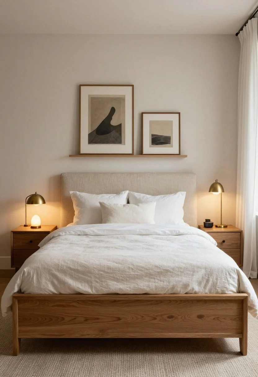 Photorealistic wide bedroom shot, straight-on to the bed: focus on the bedside “bedding borders”—proper-height nightstands level with the mattress, each with closed storage (drawer), layered lighting via a task lamp plus a small warm-glow source (e.g., tiny salt lamp) or plug-in sconces freeing surface space; a textile headboard (upholstered in linen) adds softness; above-bed zone styled with one large centered art piece or a slim floating ledge with 2–3 leaning frames; optional simple canopy rail with sheer panels for a boutique feel; repeat materials like linen, wood, and brass in three spots; warm 2700–3000K lighting, no people