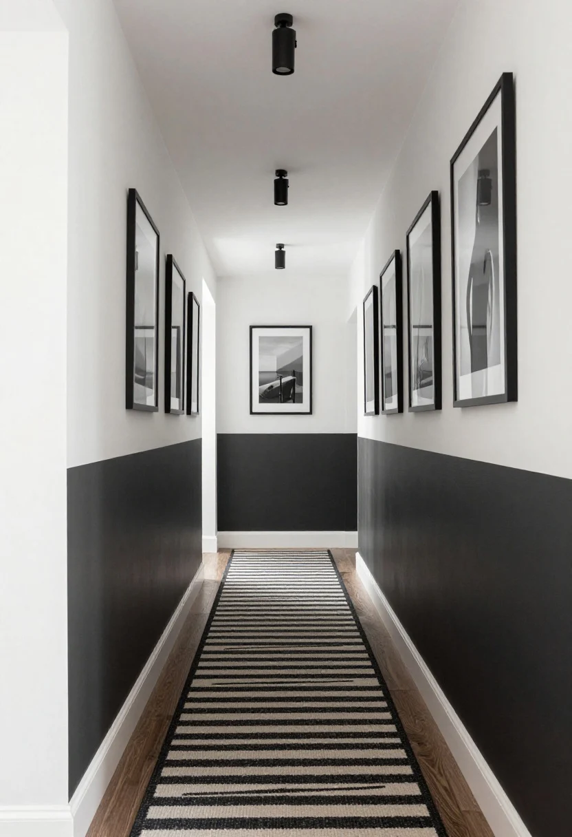 Photorealistic wide hallway shot from a low corner angle: a long corridor with a bold, low-pile runner in rhythmic geometric pattern featuring a stripe color echoed from the adjacent living room throw, wall treatment with the lower half painted a darker neutral to disguise scuffs, cohesive black-and-white photo gallery in identical thin black frames arranged along the upper wall, and evenly spaced matte black flush-mount fixtures or small pendants washing soft light down the hall; clean lines, transit-space turned artful, no people