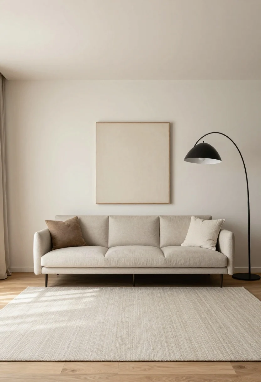 Photorealistic wide room shot of a tiny living room that scales up key pieces: one clean-lined, streamlined sofa on slim legs, an oversized single canvas at least 60% of sofa width hanging above, a large area rug big enough for the front legs of seating to rest on, and a bold arc floor lamp that draws the eye upward; include furniture with curved corners for easy flow; neutral palette with minimal clutter to emphasize size and negative space; even daylight with soft shadows, straight-on perspective