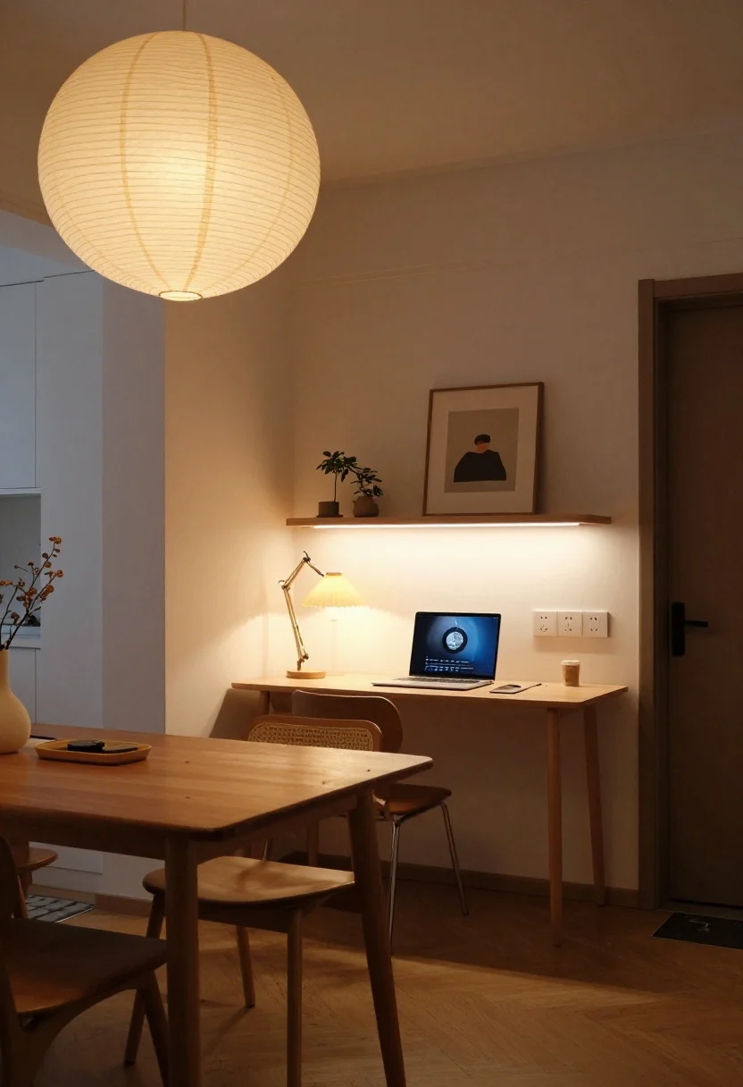 Photorealistic wide shot of a tiny open-plan space zoned by layered lighting: ambient glow from a paper lantern ceiling fixture, a task-lit desk corner with an adjustable clamp lamp casting a warm, focused beam, and accent lighting via a picture light over art plus an LED strip under a shelf and a small uplight behind a plant; show smart plugs or discreet switches on a power strip for scene control; minimal furniture, clear zones (dining, lounge, work) defined by light only; evening mood with cozy, warm illumination