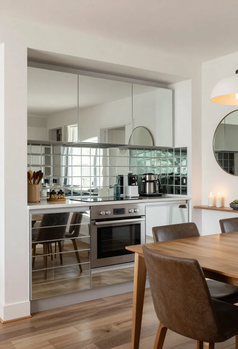 Split kitchen/dining scene, wide photorealistic shot: in a windowless galley kitchen, a mirrored acrylic or tempered mirrored glass tile backsplash (specified low-iron for minimal green cast) installed cleanly with clear silicone at edges, reflecting under-cabinet task lighting for crisp brightness; avoid cooktop area—place mirror behind sink or coffee station; adjacent dining niche shows a 30–36 inch round mirror hung 6–8 inches above a slim console behind the dining table, doubling warm pendant or candlelight at night; surrounding materials are matte to prevent glare overload; clean, modern, practical mood.