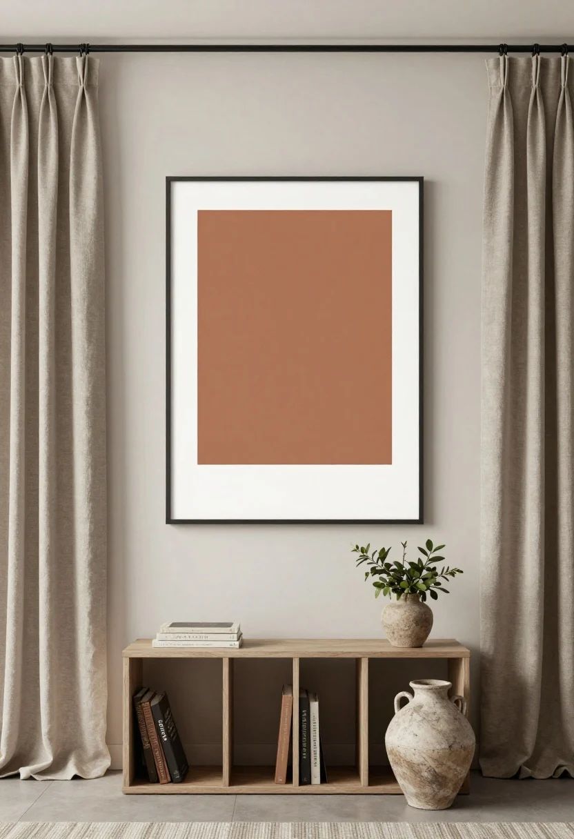 Straight-on medium shot: A calm, credible Zoom background wall featuring one large anchor art print centered, a slim vertical bookshelf to the side for height variation, and layered textures—linen curtains, a woven basket, and a stoneware vase with greenery. Palette is muted: soft taupe, clay, and charcoal with a single accent of terracotta or sage in the art or accessories. Cables hidden; surfaces tidy. Mood: polished, intentional, soothing.