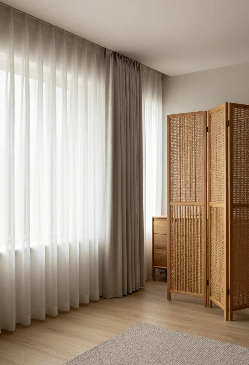 Straight-on view: Vertical zoning solutions—ceiling-track curtains spanning wall-to-wall with layered sheer panels for daytime softness and side-stacked blackout panels hinting at full enclosure; a folding rattan screen partially opened and tucked by a dresser; a slatted wood divider subtly separating sleeping and living zones while allowing airflow and light. Neutral fabrics, warm wood slats, crisp photoreal textures, intentional, renter-friendly vibe.