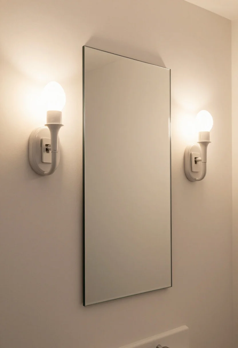 Tight entry/bathroom vignette, close-up/medium shot from eye level: a flat, silvered-glass mirror (20–28 inches wide) flanked by two wall sconces mounted 60–66 inches from the floor and spaced 28–36 inches apart; warm 2700–3000K LED bulbs at 90+ CRI casting an even, shadow-free vertical glow; eggshell wall finish diffusing the light without shine; plug-in sconces with a neat, paintable cord channel for renter-friendliness; no antique tint, no cool 4000K bulbs; clean, modern hardware and subtle warmth on skin-tone-friendly surfaces (no people shown).
