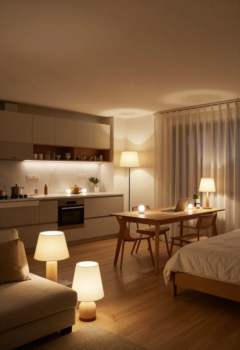Wide evening shot: Layered lighting at three heights carving distinct zones in a studio. Overhead lights set to 3000K in the kitchen/work corner and 2700K in sleeping/living; a mid-height plug-in sconce at eye level (60–65 inches) focuses the dining/desk surface; low-level lighting includes a floor lamp beside the sofa and a small table lamp by the bed with off-white fabric shades that diffuse light. Show smart bulbs and separate smart plugs/scenes in use, with the bedroom area dimmed while the living zone glows invitingly. Mood: warm, zoned ambiance, no harsh glare, no people.
