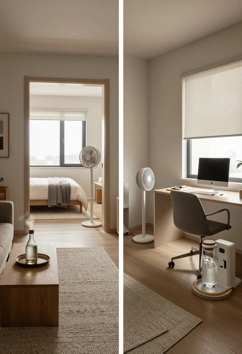 Wide multi-zone apartment view: Defined cool zones with light rugs—living room seating floated near a cross-breeze path with a gentle fan; a mist bottle and small tray on a side table for mist-and-fan combo; a hydration station with a glass carafe of ice water on a styled tray; in the background, a bedroom doorway with breathable layers on the bed (light blanket, basket with extras) and a fan positioned at the doorway for pre-cooling; a workspace corner with a compact desk fan angled slightly past the chair and a clip-on window shade blocking glare; neutral airy palette; evening pre-cool mood; photorealistic.
