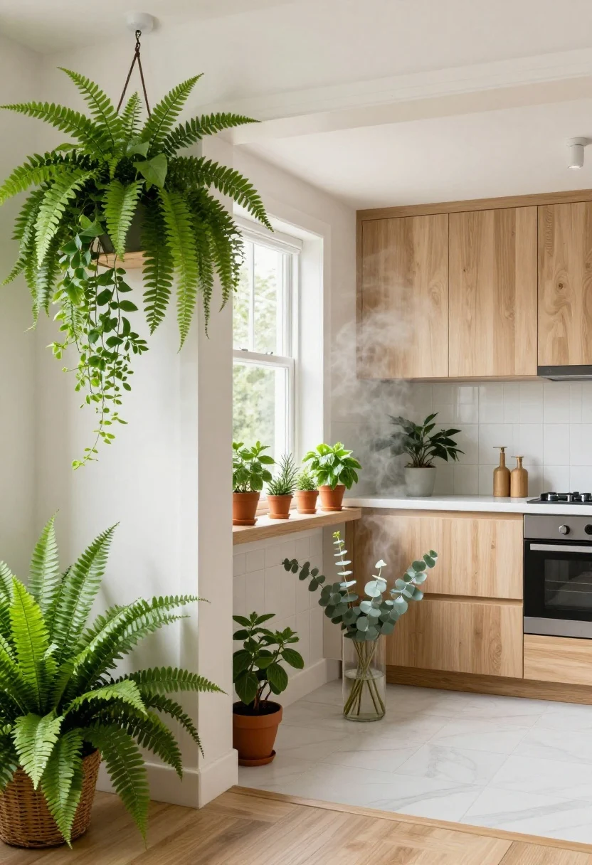 Wide, plant-forward room shot: A serene living space with well-placed greenery—lush Boston fern thriving in a bright bathroom doorway with natural humidity, trailing pothos on a high shelf where air can flow around the leaves, and a sunny kitchen sill with small potted herbs (mint, rosemary, basil). In the shower area, a clear vase of fresh eucalyptus stems ready to release scent with steam. Light, spa-like atmosphere, soft green tones against white tile and light wood, bright natural lighting, shot from a slightly elevated perspective.
