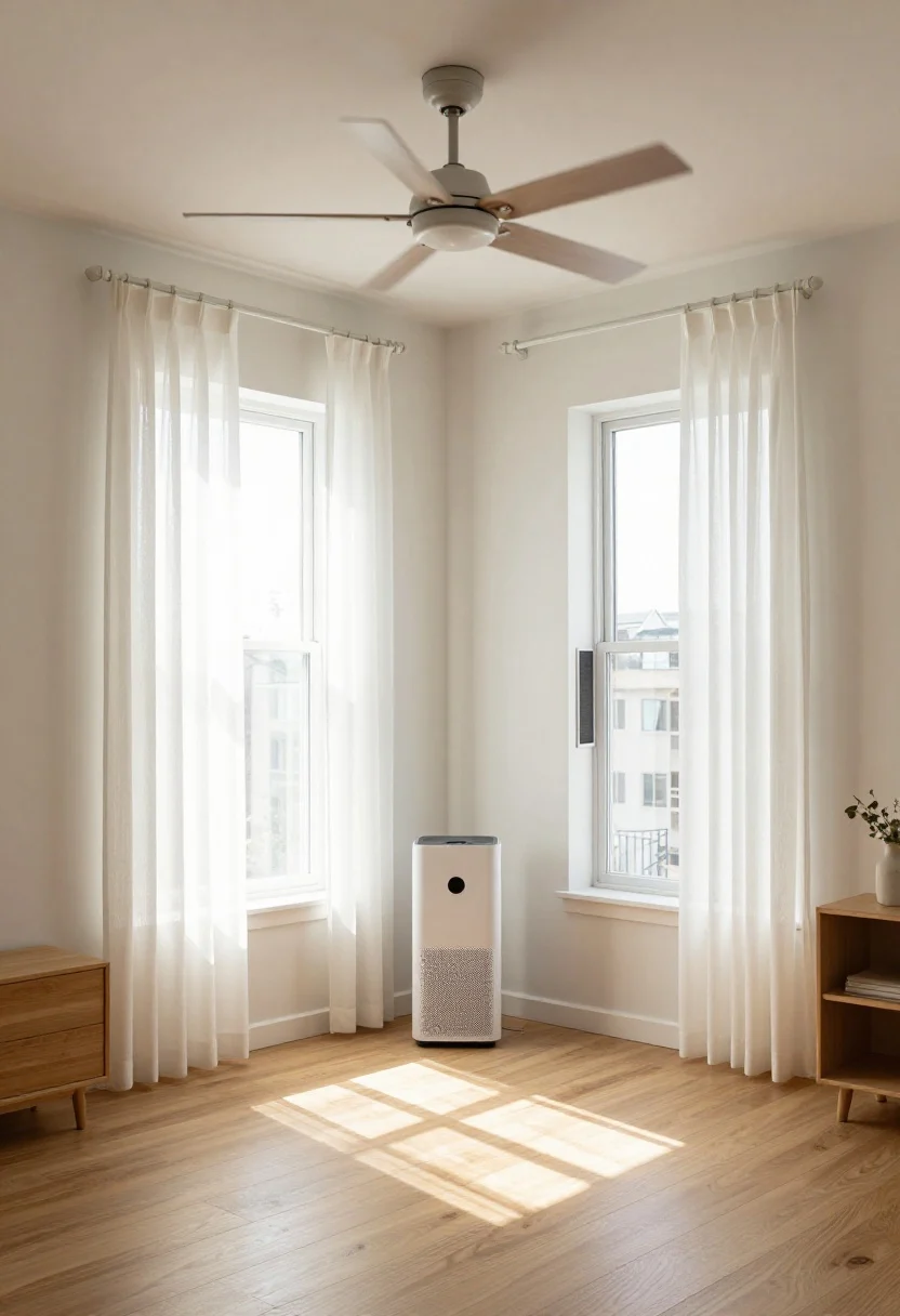 Wide room shot: A bright rental living room with two windows cracked open on opposite walls creating a visible cross-breeze through gauzy white curtains; a ceiling fan set to a gentle counterclockwise spin; sunlight pouring in midday across a light oak floor. Include a compact portable HEPA purifier on a side table and a slim activated charcoal window filter panel at one window. Mood is airy and fresh, minimal decor in soft neutrals with natural wood; shot from a corner angle to emphasize airflow and light.