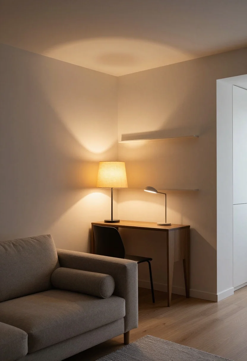 Wide room shot of a small apartment living area demonstrating layered lighting: warm ambient light from a dimmable ceiling fixture (2700–3000K), task lighting from a floor lamp tucked behind a sofa arm and a slim desk lamp, and accent lighting from a picture light and subtle LED strips on shelves. Sheer or linen lampshades and shades that glow; beams aimed at walls and ceiling to bounce light and make corners recede. Evening scene with warm, airy glow, walls softly illuminated, corner angle perspective for depth.