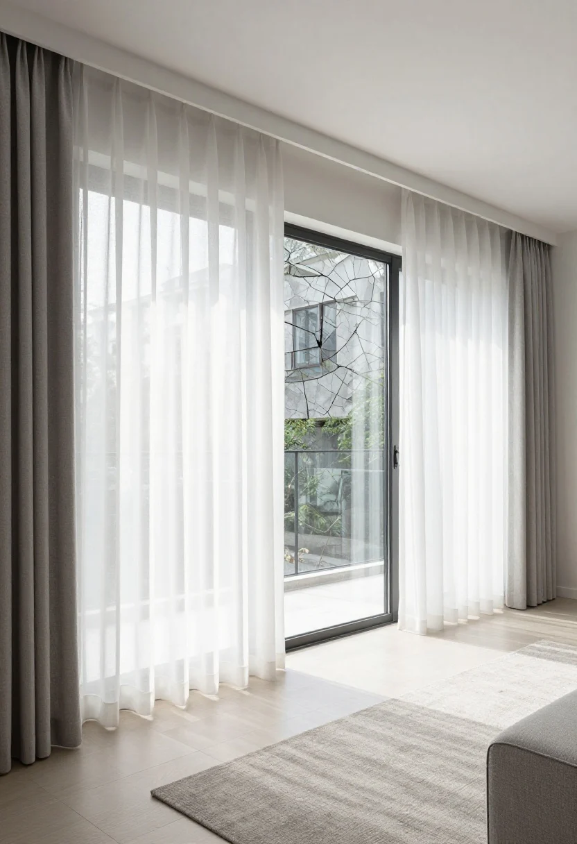 Wide shot: A bright modern living room with large east- and west-facing windows layered in light-colored thermal-lined blackout curtains mounted high and wide, inside-mounted light-filtering solar roller shades, and sheer white curtains behind heavier panels; subtle reflective window film visible on glass; late afternoon glow filtering softly without glare; cross-ventilation suggested by two cracked windows on opposite sides; palette of cool whites and fog gray; chic, renter-friendly vibe with linen textures and clean lines; no people, photorealistic.