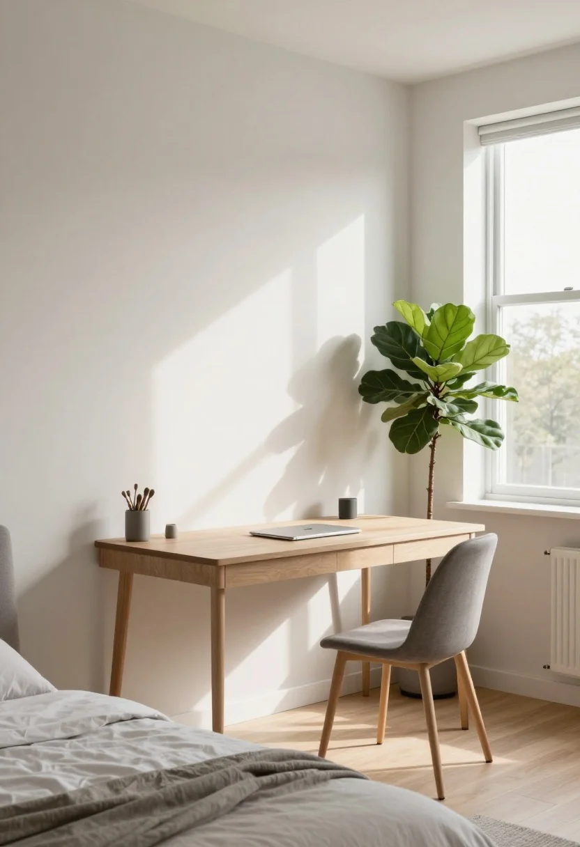 Wide shot: A small apartment “headquarters” zone carved out in a bright living room corner by a large window, natural light angling across a compact desk set against a clean wall for a distraction-free, video-call-ready backdrop. A slim room divider and a tall fiddle-leaf fig subtly mark the workspace boundary without blocking light. The desk faces the window at an angle to reduce glare; the bed is clearly distant/out of frame. Mood: calm, focused, airy; textures: smooth painted wall, matte desk surface, leafy plant.