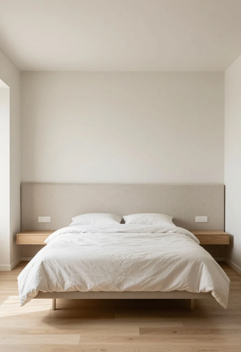  A small modern bedroom with the bed floated a few inches off the main wall, centered with 8–12 inch walkways on both sides. Slim 12–16 inch-wide nightstands or floating shelves flank the bed for symmetry. A low-profile, wall-mounted upholstered headboard panel in a soft neutral fabric keeps bulk minimal. Natural light pours in, creating visual balance and breathing room; no clutter, calm and cozy mood.