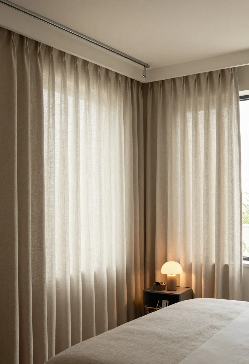 Wide shot: A studio bedroom nook defined by ceiling-mounted curtain tracks forming an L-shape around a queen bed; medium-weight linen-blend curtains in light warm neutral softly kiss the floor, with a second blackout layer hidden behind sheers. The curtains create vertical lines that feel airy, let daylight filter through, and add height. A small warm 2700K bedside lamp with a dimmer glows on a compact nightstand; a lidded bedside basket hides cords and a remote. Keep sightlines open, textures soft, and avoid tension rods; show the low-profile aluminum ceiling track mounted 6–10 inches from the ceiling. Mood: calm, private, sunlit softness.