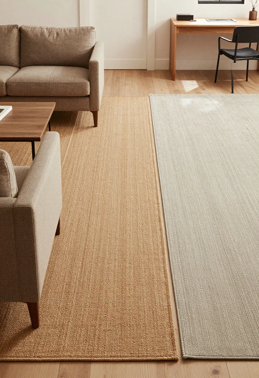 Wide shot: A studio living area defined by rugs—large warm earthy-toned rug anchoring a sofa and two chairs with their front legs on it, a slim runner creating a perpendicular “hallway” near the entry, and a plush, thicker cool neutral rug under the bed forming a separate “island.” Natural light, layered rugs with a small patterned rug over a larger jute base in the living zone; flatweave by a compact desk/kitchen area for easy rolling; cohesive, calm palette with subtle warm vs cool color coding to signal different zones; no walls, open flow.
