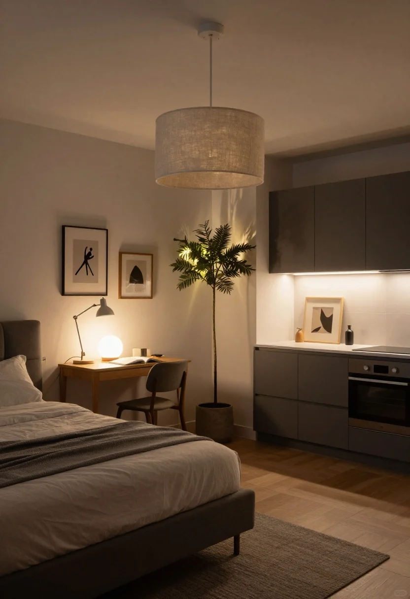 Wide shot at dusk: Layered lighting defining distinct zones—ambient linen drum pendant on a dimmer casting an even glow; task lighting with a swing-arm sconce by the bed, a focused desk lamp at the workspace, and under-cabinet LED strips in the kitchenette; accent lighting with small art lights over framed pieces and LED uplights washing a tall plant. Smart-bulb warmth set to 2700–3000K for a flattering, cozy atmosphere; each zone lit like its own room.