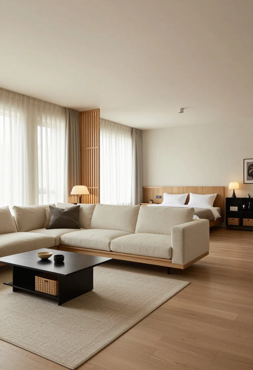 Wide shot (conclusion synthesis): A harmonious studio demonstrating all zoning tricks together—rugs clearly separating living/bed/entry, floated sofa with console divider, slatted screen near bed, sheer ceiling-track curtains partially drawn, layered lighting creating unique moods, and double-duty pieces (storage coffee table, expandable dining console, bench with baskets, bar cart). Cohesive materials palette (oak, black metal, cream textiles), tidy and spacious feel, no visible people, bright natural light blended with warm ambient lamps.