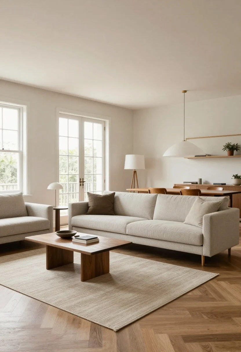 Wide shot, flow and layout: a living-dining studio with clear 36" walkways and at least 18" space around seating; sofa floated 6" off the wall, anchored by a single cohesive rug under the front legs; flexible pieces—nesting side tables, foldable dining chairs tucked away, and a drop-leaf table against the wall; unobstructed doors/windows; straight-on angle showing traffic lines and reduced visual fragmentation; natural and lamp light mixed softly.