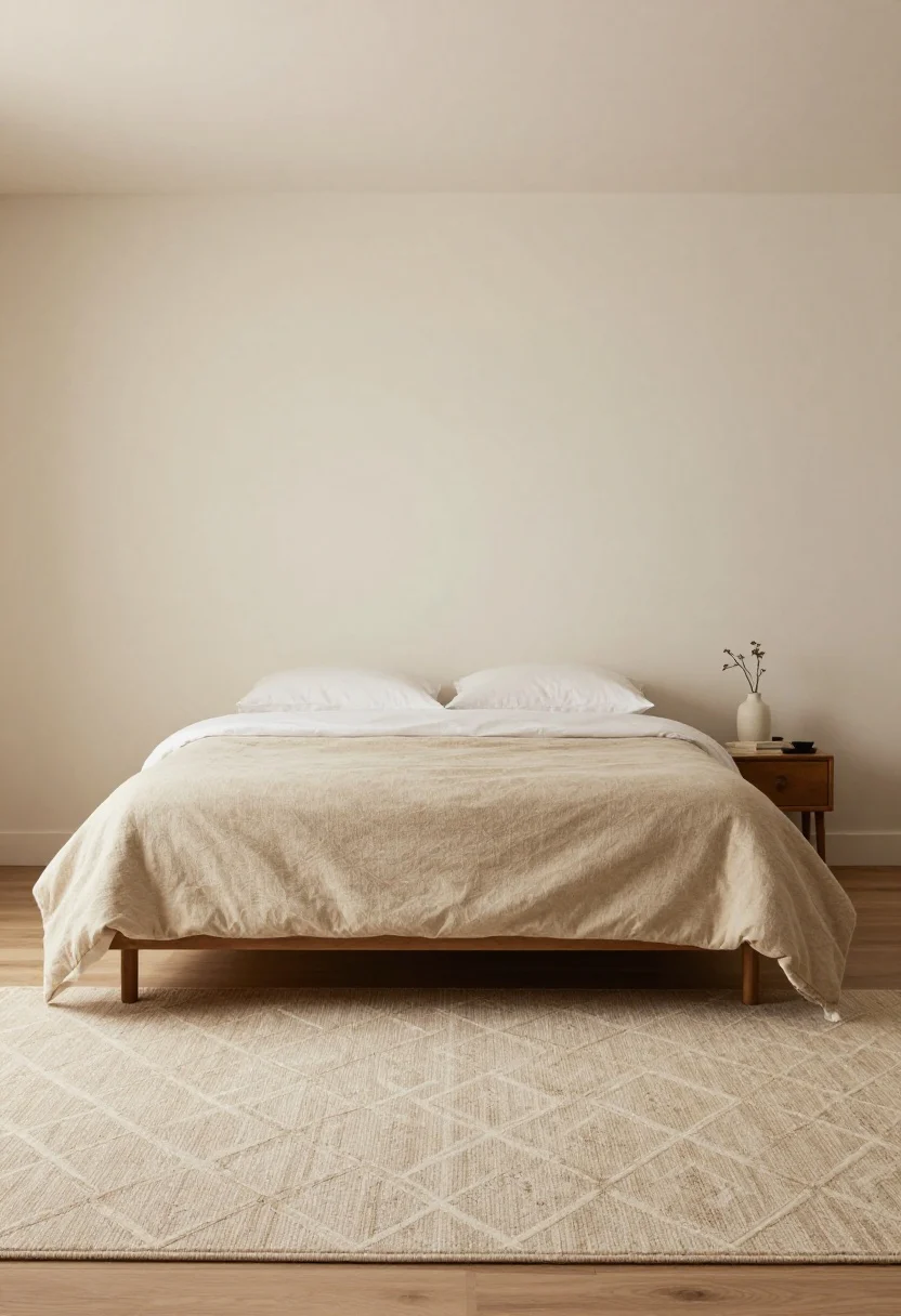 Wide shot from the foot of the bed: A queen bed anchored by an 8x10 soft, tone-on-tone rug extending 10 inches beyond the sides and foot. Alternatively shown in the same frame: a 5x7 rug placed two-thirds under the bed as a small-room hack. Patterns are light and medium-scale geometrics to avoid visual busyness. Warm morning light, cohesive and grounded composition.
