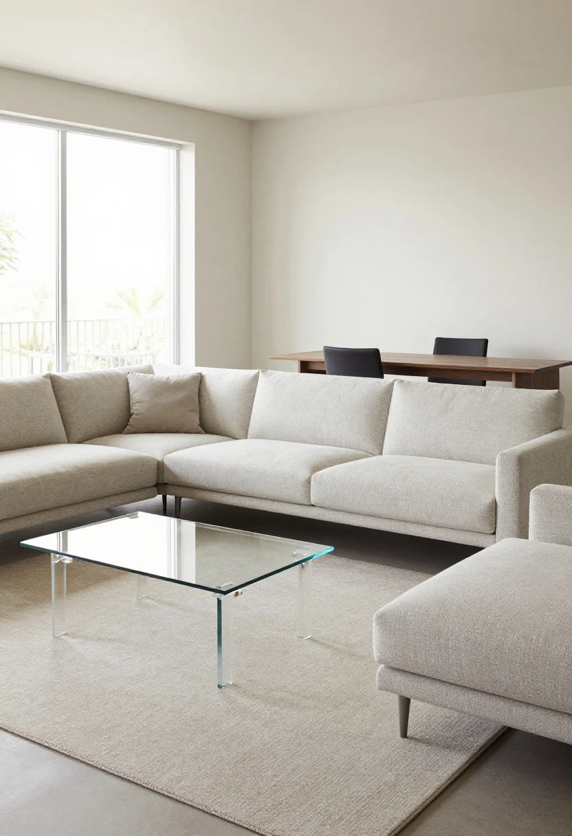 Wide shot of a light, breathable furniture layout: sofa and chairs on exposed, slim legs; a glass or acrylic coffee table that visually disappears; nesting side tables instead of bulky ones; a storage ottoman; an extendable dining table in the background; a desk that doubles as a console along one wall; a large rug extending under the front sofa legs to unify zones. Clean, modern lines, hidden storage suggested but closed, neutral palette with airy feel. Soft daylight from side windows, straight-on view to show the room “breathing.”