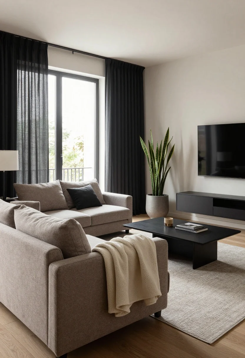 Wide shot of a living room designed for dual-mode use, taken from a corner angle: a deep-seated sofa in a mid-tone textured fabric with two high-loft pillows for upright napping, a breathable cotton throw draped on one arm and a plush fleece throw folded nearby. Dense, low-pile rug grounds the space. Window treatment shows sheer curtains layered behind blackout drapes; motorized shades partially lowered to suggest “movie cave” at a button press. TV wall with subtle bias lighting glowing behind the screen. Add low-light plants (ZZ and snake plant) in matte planters. Lighting is soft, den-like for day calm; overall mood cozy but functional.