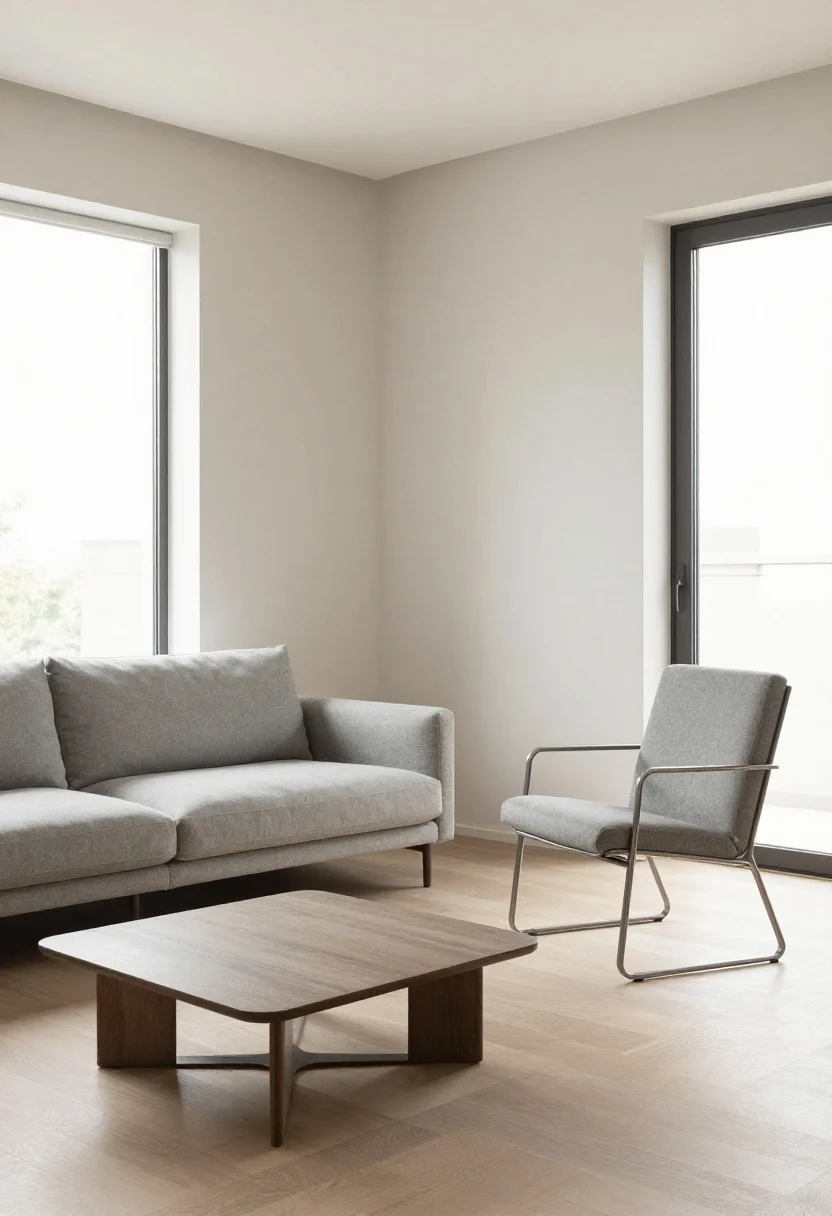 Wide shot, small living room: a compact loveseat under 80" with slim arms and raised mid-century legs in soft gray, paired with a single lounge chair with a thin metal frame and curved edges; two small nesting coffee tables instead of one heavy piece; open bases to reveal ample floor space; clear sightlines to a hallway; natural daylight from a window, airy silhouettes, no oversized sectional; calm, uncluttered mood, photorealistic.