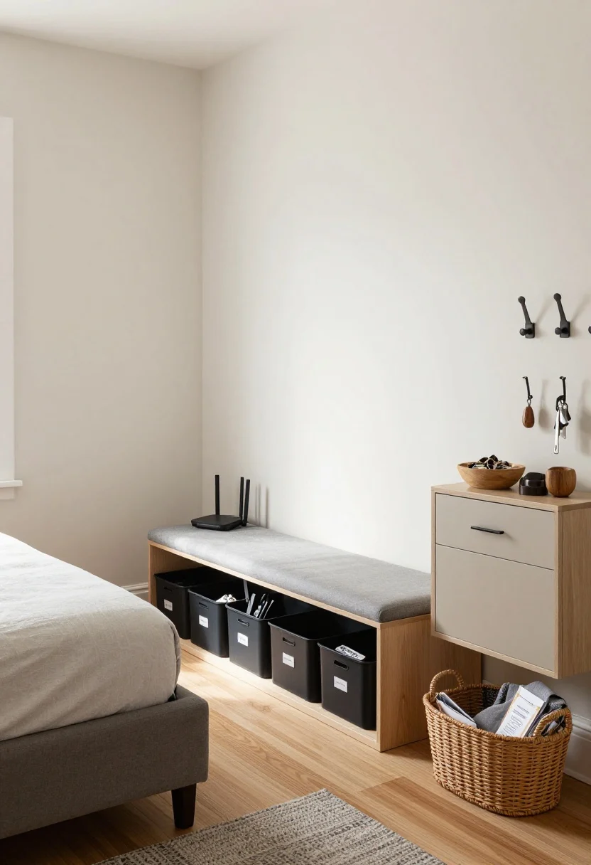 Wide shot, storage-focused entry-living zone: storage ottoman bench at the entry, slim closed-front credenza hiding routers and cables, under-bed drawers peeking from a bed frame in the adjacent studio zone; a narrow console with drawers, wall hooks for bags, and a lidded basket for mail and keys; micro-zones visible—tray for remotes, bowl for keys, basket for throws; tidy surfaces, practical labels on rolling bins; soft, indirect daylight.