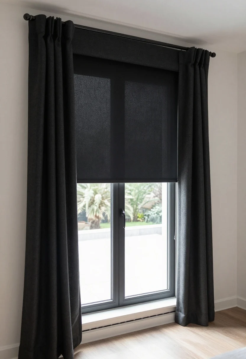 Wide shot, straight-on view of a bedroom window transformed into a hotel-level dark cave: inside-mounted blackout roller shade (fabric-wrapped outward), outside-mounted double-layer blackout drapes on a curved wraparound rod, a removable magnetic blackout liner sealing the frame edges, and draft stoppers along the sill. Include adhesive weatherstripping on the door edge and a door sweep visible in the background. Show a skylight corner with a tension rod holding a fitted blackout fabric panel. In the adjacent living area window, add subtle UV/glare-reducing window film that still lets in soft light. Photorealistic, daytime exterior light outside but interior rendered nearly pitch-black around the window; textures of linen-front drapes with hidden blackout liner and cellular blackout shade visible at the top rail.