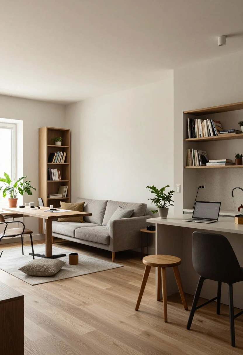 Wide shot: Three-room layout montage in one cohesive scene showing smart zoning in a compact apartment—an open-back bookshelf dividing “office” from “sleep” in a studio with a wall-mounted desk and pouf tucked beneath; a one-bedroom living area with a desk floated behind the sofa doubling as a console and peripherals hidden in the media cabinet; and an alcove kitchen corner with a slim bar-height desk and stool for quick stand sessions. Consistent style: muted neutrals, plants, concealed clutter, balanced natural and ambient light.
