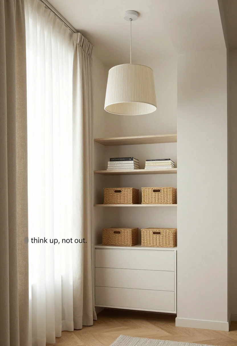 Wide, slightly low angle to emphasize height: A small bedroom showcasing vertical strategies—tall curtains hung 6 inches above the window frame, grazing the floor; a statement drum-shade pendant draws the eye upward; a slim shelf installed high above a dresser with woven baskets and neatly stacked books. Light, airy fabrics and a tidy, practical styling communicate “think up, not out.”
