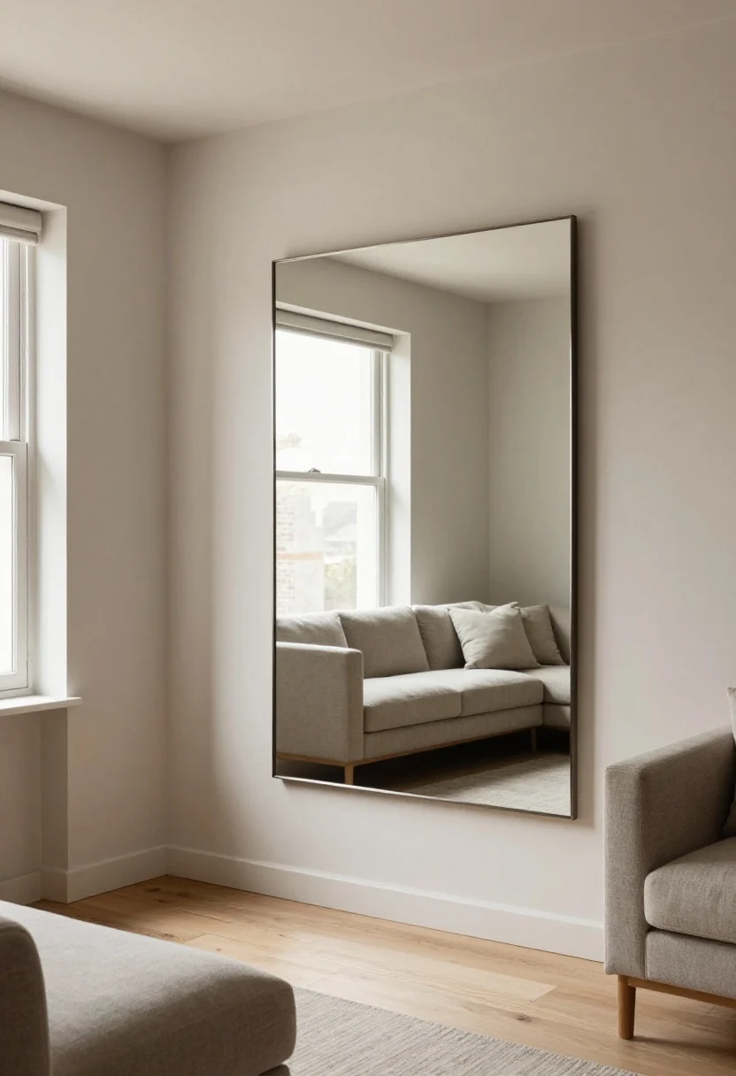 Wide, straight-on photorealistic shot of a dim small living room with an 8–9 ft ceiling showing a large, low-distortion rectangular mirror (about 40–50 inches wide) mounted opposite a single window; the mirror is centered at 57–60 inches from the floor above a slim console, bottom edge 6–10 inches above the console; frame is thin polished-edge metal; the wall behind the mirror is painted matte eggshell off-white to prevent hot spots; natural daylight at noon bounces from the window and reflects sky, not the brick wall; include a neutral fabric sofa across from the window, light wood floors, and minimal decor; avoid beveled tiles and chunky dark frames; test-angle feel with subtle reflections at 9 a.m., noon, and 4 p.m. implied by soft shifting light.