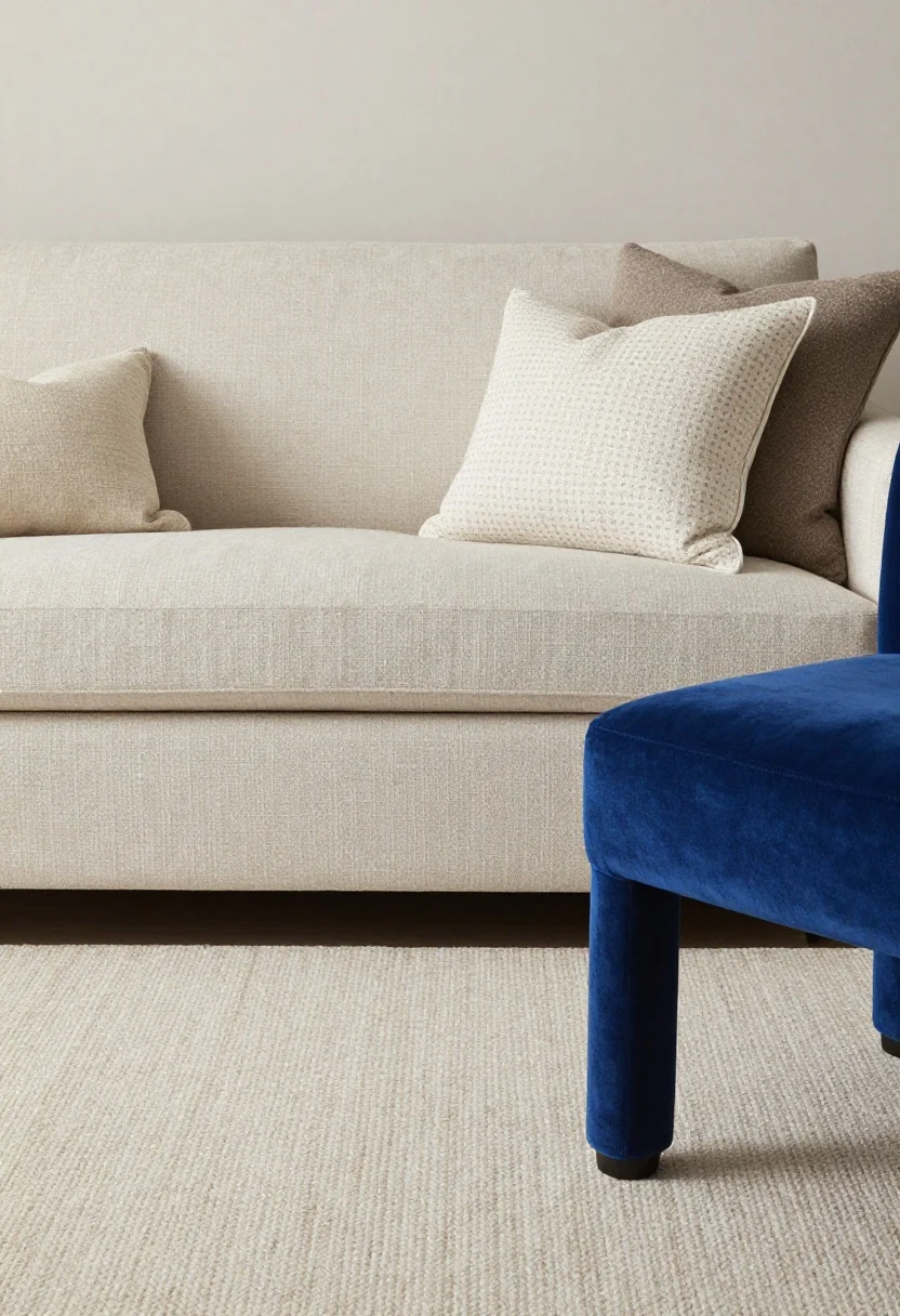 A detailed closeup of color and pattern control: a calm, light envelope with soft greige wall and a pale oat rug; a single saturated cobalt velvet accent chair leg visible at the frame edge as the “one star”; tone-on-tone textures layered on a nearby sofa—linen, bouclé, and wool pillows in the same neutral family; pattern balance with a large-scale woven rug texture and micro-print pillow; soft, diffused daylight highlighting fabric weaves, photorealistic.