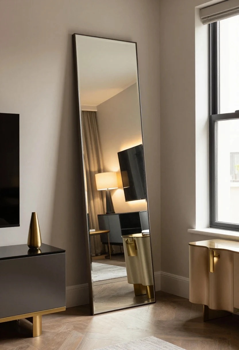 A medium shot focusing on strategic reflections: a tall, lean floor mirror mounted on a narrow wall directly opposite a window, doubling daylight and extending the view; layered lighting visible—ambient ceiling fixture, a task table lamp, and subtle LED strip backlighting behind the TV; glossy touches like a lacquered tray on the console and satin-finish paint on a small accent cabinet; warm dimmed lighting for a soft, hotel-like glow; metallic accents in brushed brass, photorealistic.
