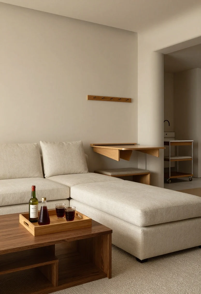 A medium shot of a stylish multifunctional living area: a refined storage ottoman serving as the coffee table with a tray holding drinks, a clean-lined daybed in performance fabric along one wall, and a modern drop-leaf dining table folded down nearby; an entry bench with drawers under a coat peg rail, topped with a tailored cushion; in the background, a slim rolling kitchen cart acting as extra counter space, and a wall-mounted nightstand visible through a doorway; cohesive, chic finishes, soft warm lighting.