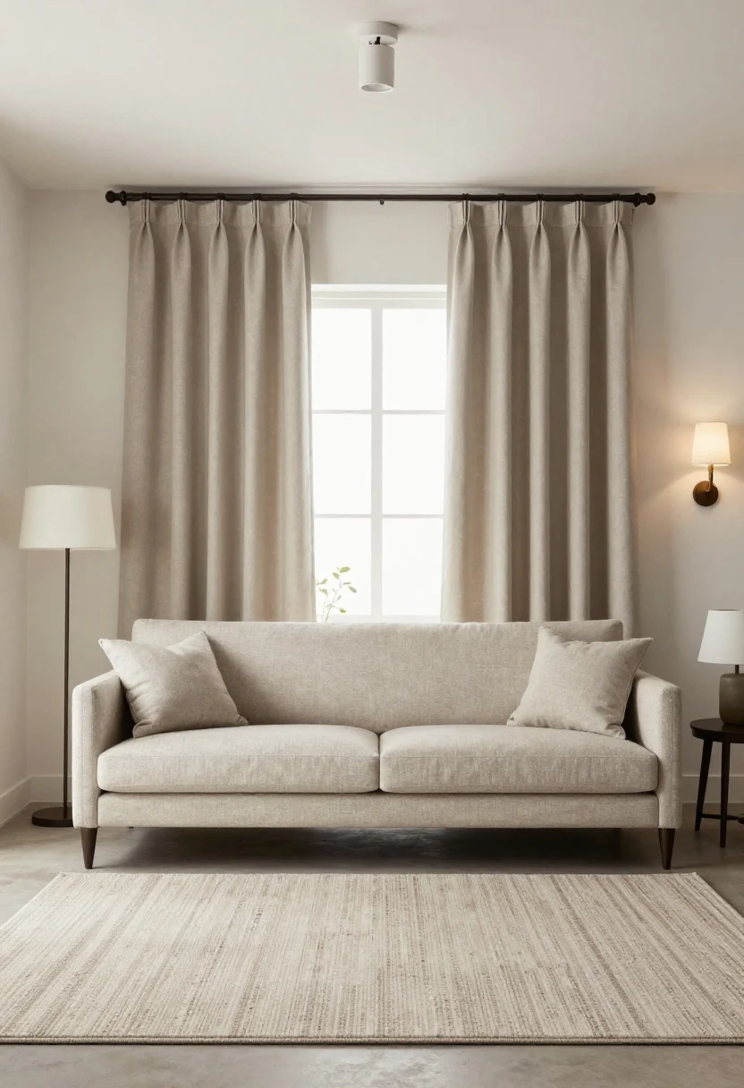 A medium, straight-on “quick shopping guide” vignette combining recommended specs: a sofa with approximately 30–34 inch depth, 16–18 inch seat height, and exposed legs; a living room rug sized around 8x10 with front legs of seating on it; curtain rod mounted near the ceiling with panels just kissing the floor; a scene displaying at least five mixed light sources in a studio setup—floor lamp, table lamps, wall sconces, and a ceiling light; neutral, airy palette, photorealistic.