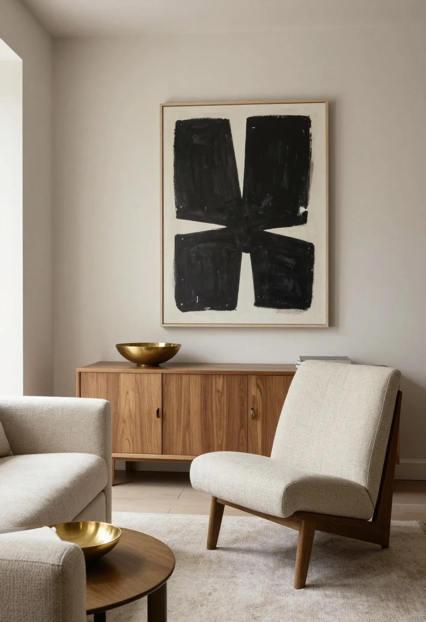 A medium, straight-on shot of a small living room curated with restraint: a single sculptural lounge chair as the hero next to an oversized abstract art piece, paired with a supportive neutral linen sofa; materials limited to oak wood, brushed brass, and natural linen; closed storage credenza with smooth oak doors replacing open shelving; a calm, airy vibe with clear negative space between pieces; soft daylight from a side window, no clutter, a few styled moments only (one brass bowl on the credenza, a linen-bound book), photorealistic.