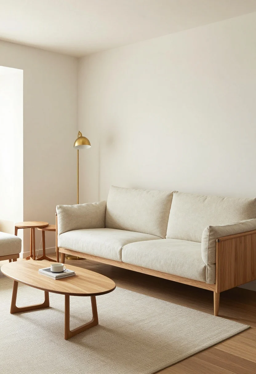 A wide corner-angle shot of a small living room showcasing right-sized, visually light furniture: a low-profile, wide-seat sofa with exposed tapered wooden legs, paired with a tall brass floor lamp to balance height; nesting side tables and a C-shaped table tucked partially under the sofa; an oval coffee table for easy flow; a generously sized area rug that supports the front legs of the sofa and armchair; neutral palette with warm wood and cream upholstery, bright natural light, clean sight lines.