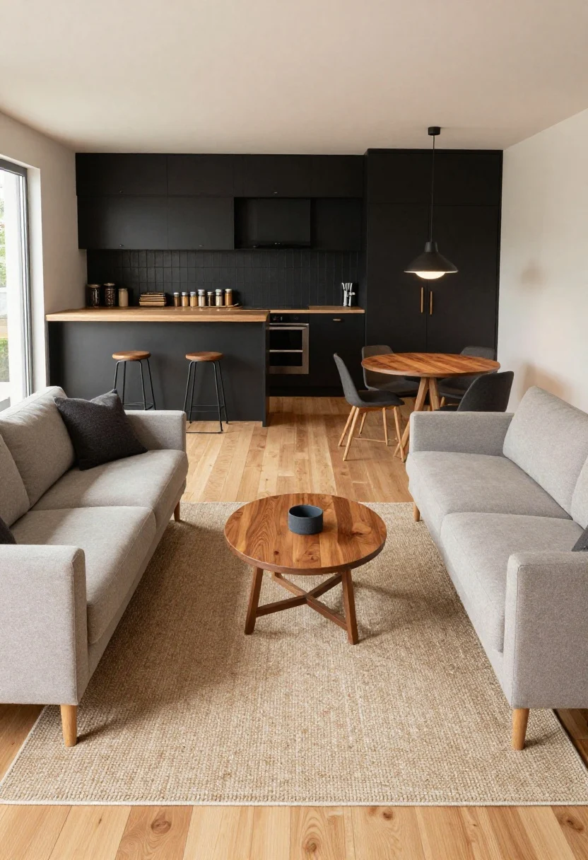 A wide overhead shot zoning a studio apartment without walls: a large rug anchoring the living zone with sofa and chairs aligned to its edges; a slim console table behind a floated sofa subtly dividing living and dining; a round bistro table with two stackable chairs under a dimmable pendant marking the dining area; a reading corner vignette in a room corner with a chair, floor lamp, and tiny side table; uniform kitchen canisters and trays styling a backsplash strip; repeating black metal and warm walnut accents for cohesion; bright, even lighting.