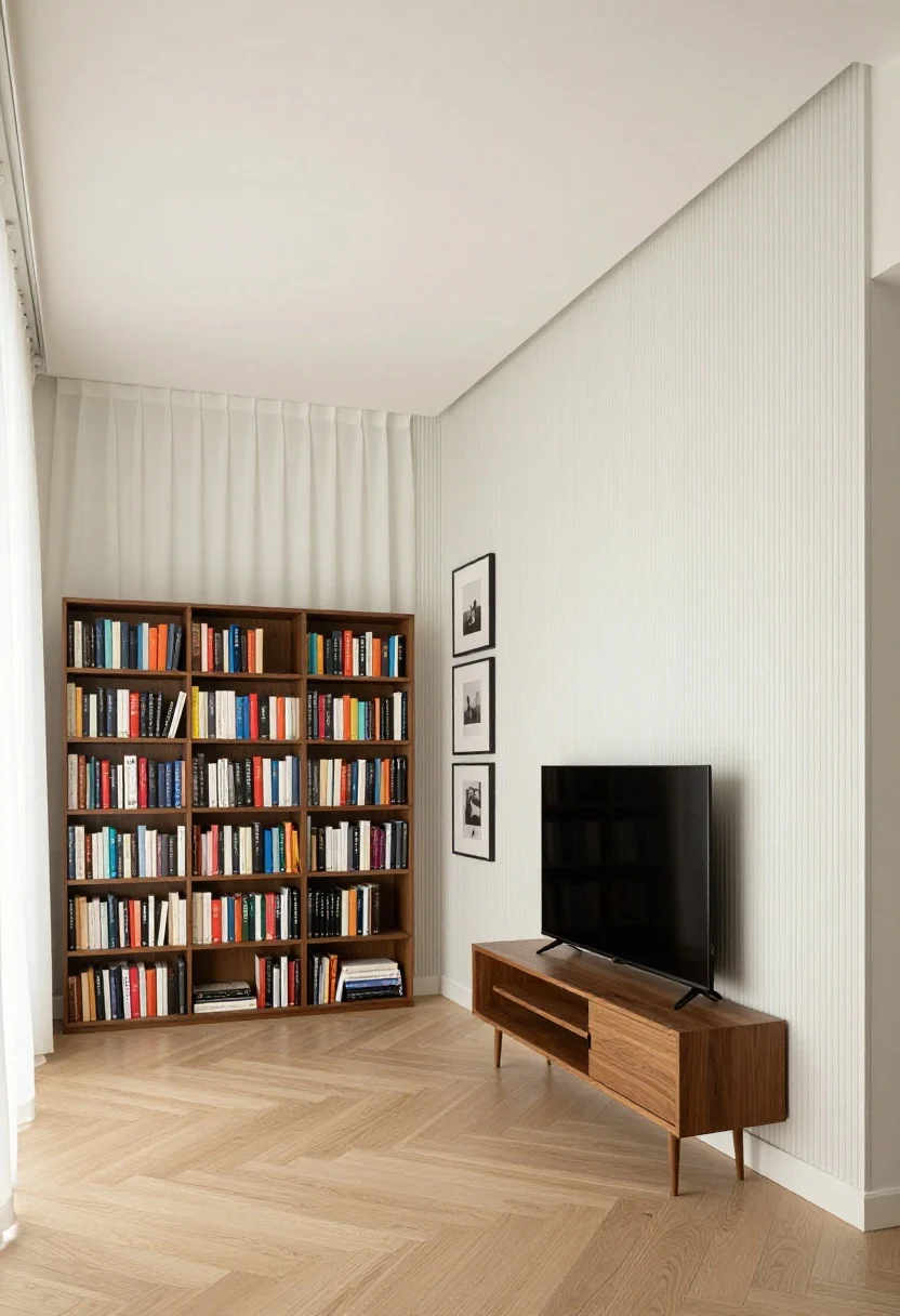 A wide, straight-on shot emphasizing vertical real estate in a compact living area: ceiling-high curtains hung 2–6 inches from the ceiling, panels just kissing the floor; a single floor-to-ceiling bookcase drawing the eye up beside a slim TV console; a stacked pair of narrow, vertically aligned art frames in a tight corner; thin vertical beadboard paneling painted in a whisper-light tint that echoes the wall color, making the ceiling feel taller; bright, even daylight, intentional and uncluttered.