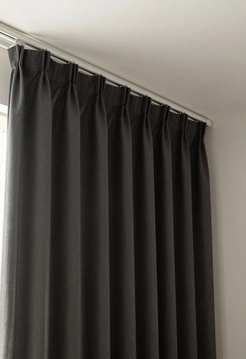 Closeup detail of layered, ceiling-mounted curtains forming a soft enclosure around a bed: double-track hardware (bendable ceiling track) showing sheer panels in front and blackout panels behind; curtains in a tone closely matched to the wall color for calm sightlines; floor-kissing length (no puddling) emphasized at the hem; side angle with gentle morning light diffused through the sheers, fabric textures visible (fine weave of sheers, dense matte blackout), crisp ceiling track detail for a polished finish